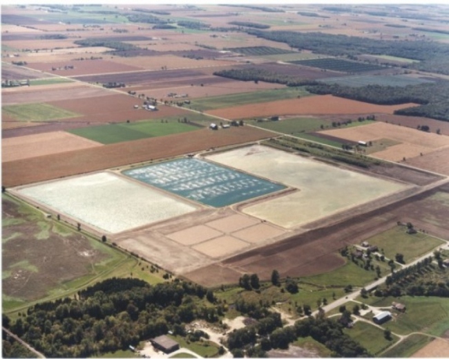 An aerial shot of a Wastewater treatment plant