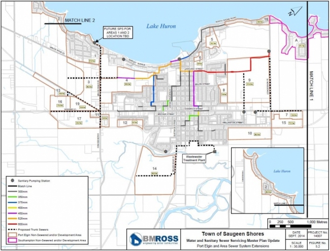 A water and wastewater plan laid atop a map of Saugeen Shores